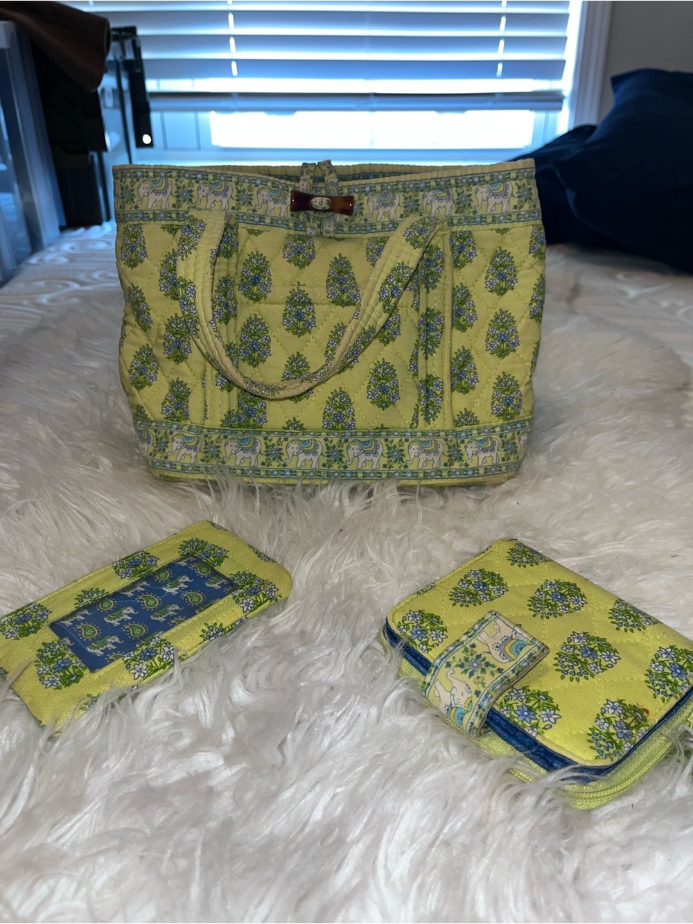 Lime green Floral Quilted Tote with Matching Wallets